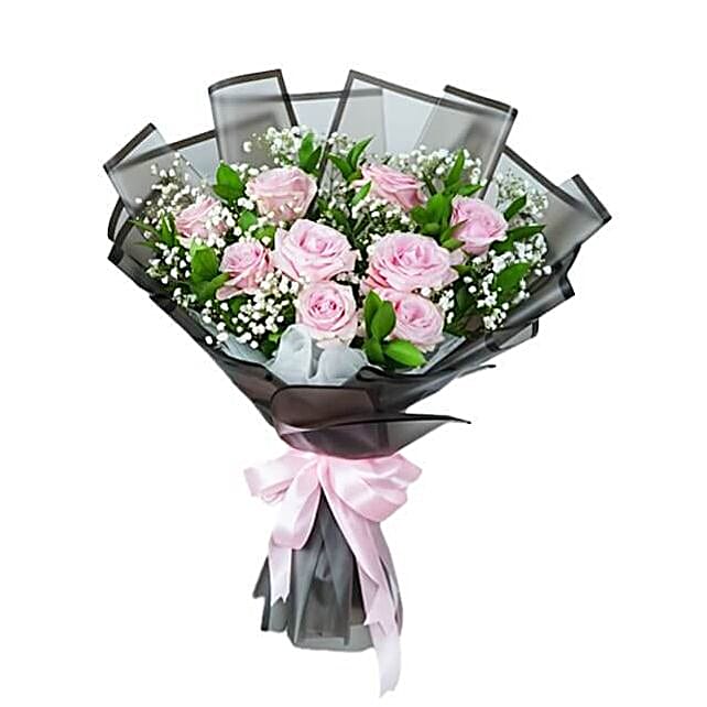 Charming Bouquet 9 Pink Roses with Babys Breath and Ruscus indonesia ...