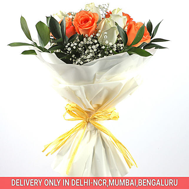Buy/Send White & Orange Roses Bouquet Online- FNP