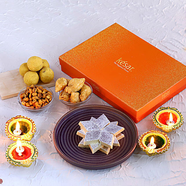 Buy/Send Colourful Diyas With Sweet N Savoury Gift Box Online- FNP