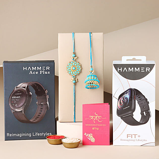 Buy/Send Sneh Bhaiya Bhabhi Meenakari Rakhi with Hammer Smartwatch ...