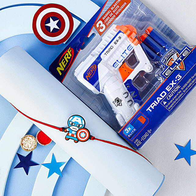 Buy/Send Captain America In Action Rakhi Nerf Blaster Online- FNP