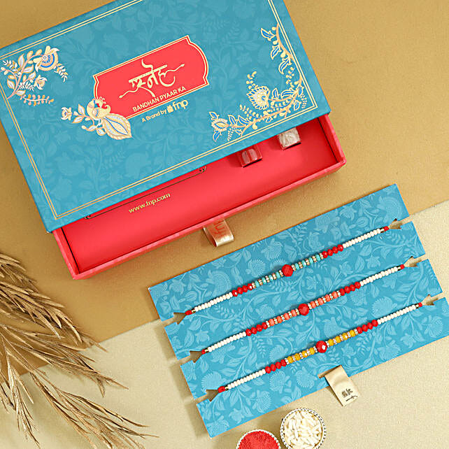 Trio Yellow Beads Rakhi Gift Box