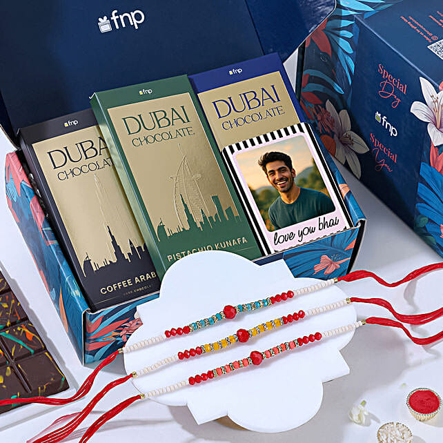 Trio Yellow Beads Rakhi Gift Box