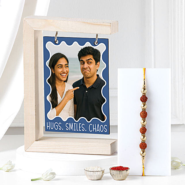 Devotional Rudrakash Rakhi with Custom Photo Frame