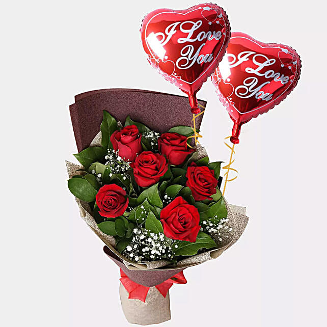 6 Red Roses Bouquet With I Love You Balloons qatar | Gift 6 Red Roses ...