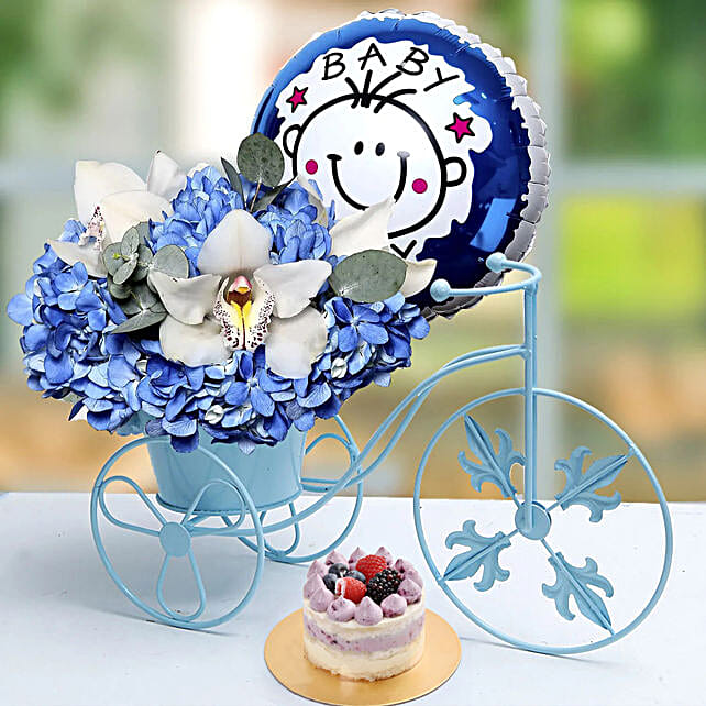 Baby Boy Flower Arrangement and Cake uae Gift Baby Boy Flower