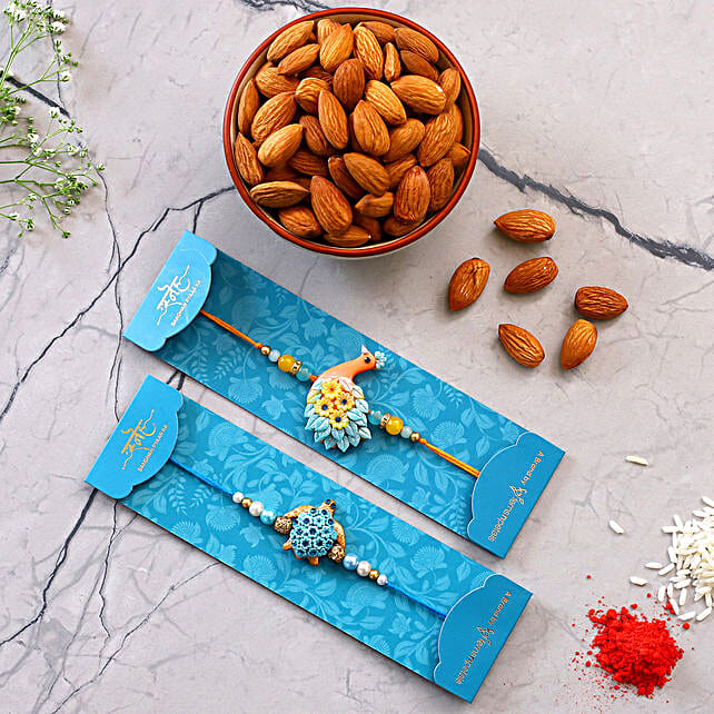 Peacock And Turtle Rakhi Set With Healthy Almonds uk | Gift Peacock And ...