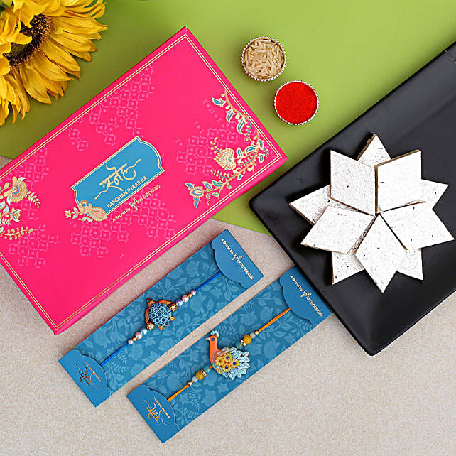 Peacock And Turtle Rakhi Set With Kaju Katli uk | Gift Peacock And ...