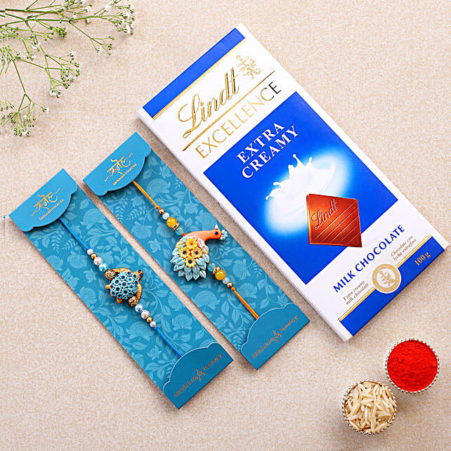 Peacock And Turtle Rakhi Set With Lindt uk | Gift Peacock And Turtle ...